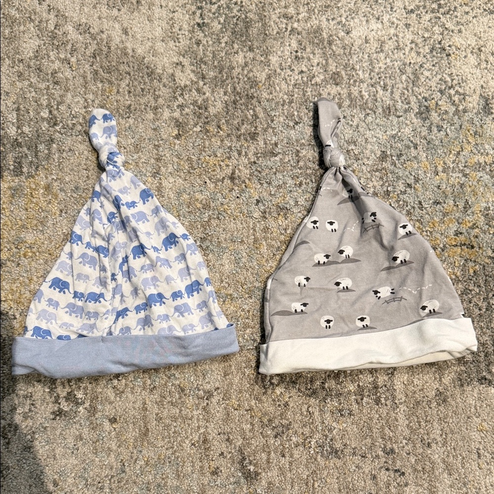 Magnetic Me Knotted Baby Hats in Blue and Gray with Animal Prints